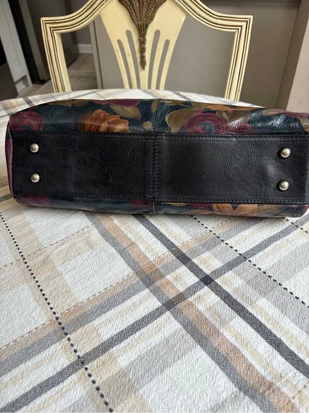 Patricia Nash Ferrara satchel purse. Dark multicolored floral leather print